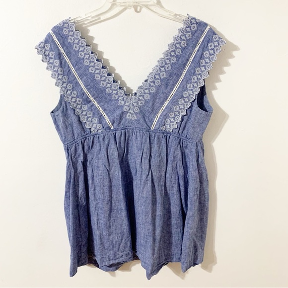 Isabel Maternity by Ingrid & Isabel Top Chambray White Embroidery Sleeveless💙🤍 - Picture 3 of 11